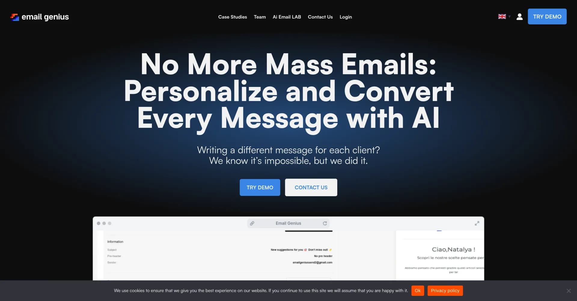 Email Genius homepage screenshot — Personalize every email with AI for higher conversions