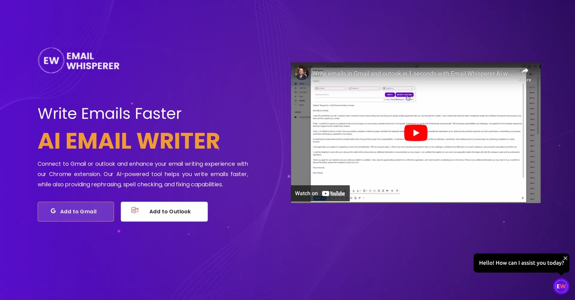Email Whisperer homepage screenshot — AI-powered email assistant for faster, flawless writing.