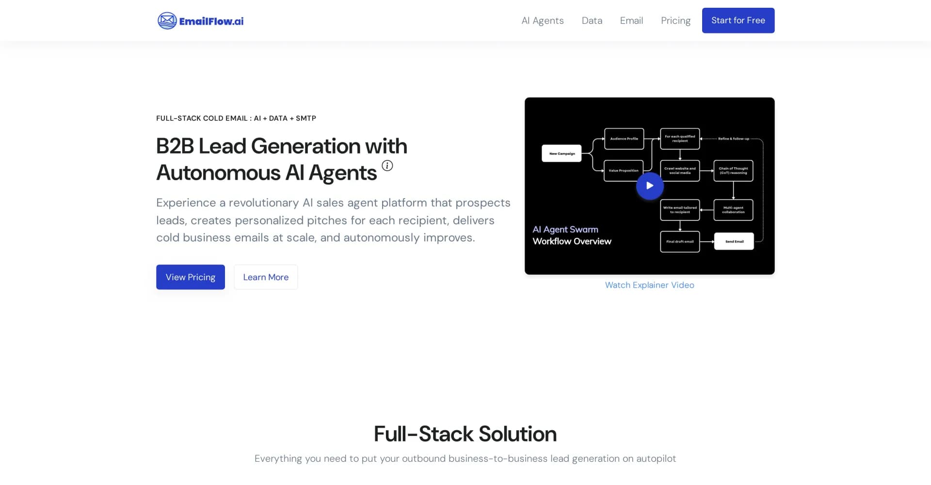 EmailFlow homepage screenshot — AI-driven B2B lead generation with autonomous cold email sol