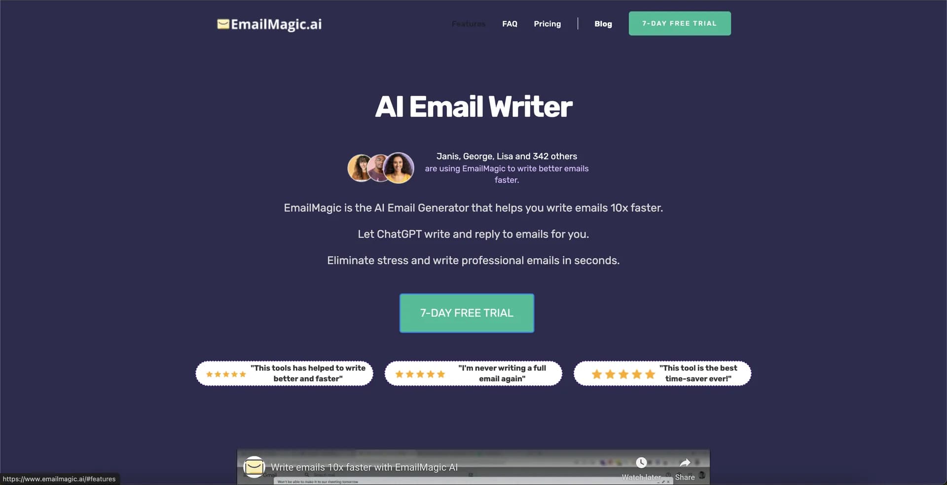 Emailmagic homepage screenshot — Write emails 10x faster with your AI digital twin.