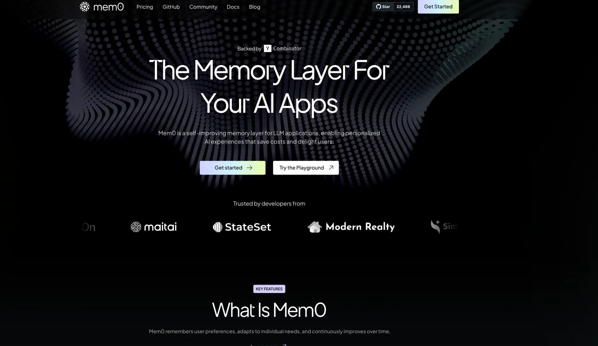 Mem0 homepage screenshot — Create LLM-powered bots for any dataset effortlessly.