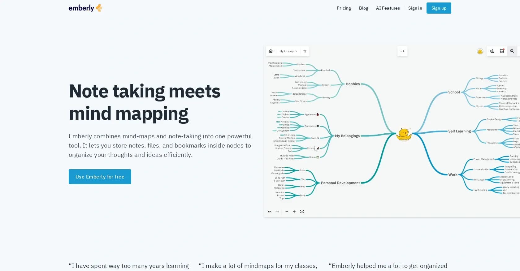 Emberly homepage screenshot — Organize knowledge visually with mind maps and notes.