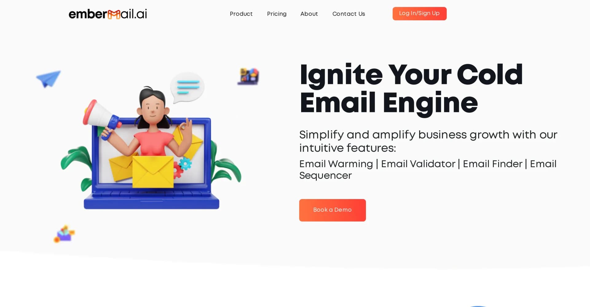 Embermail homepage screenshot — Ignite cold emails into blazing successes.