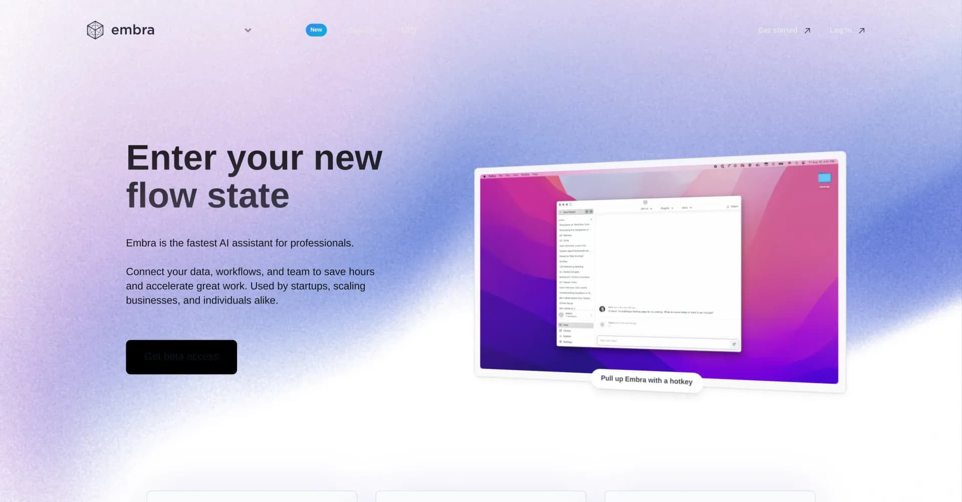 Embra homepage screenshot — Accelerate great work with AI-powered team assistance.