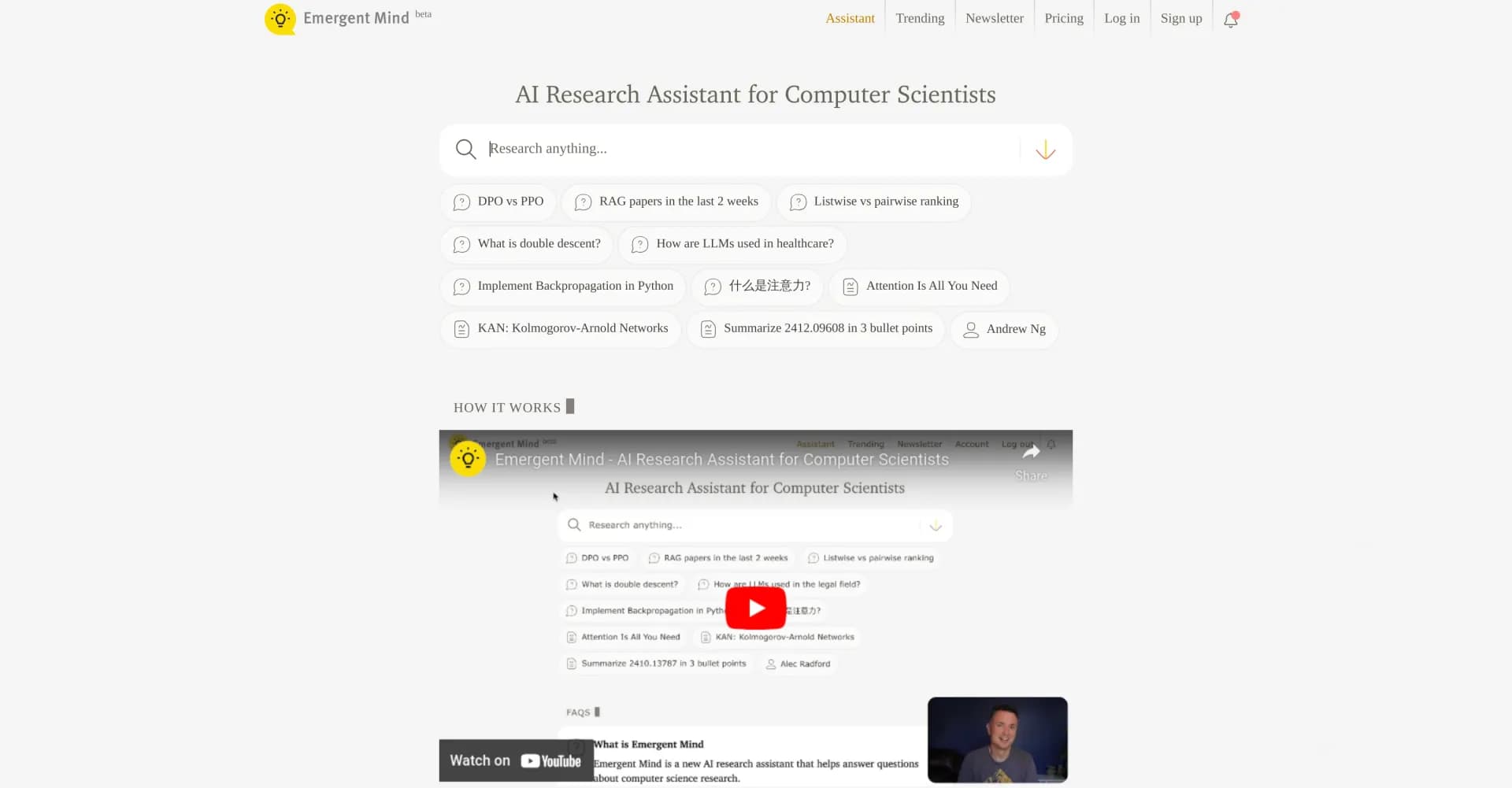 Emergent Mind homepage screenshot — AI research assistant for computer scientists