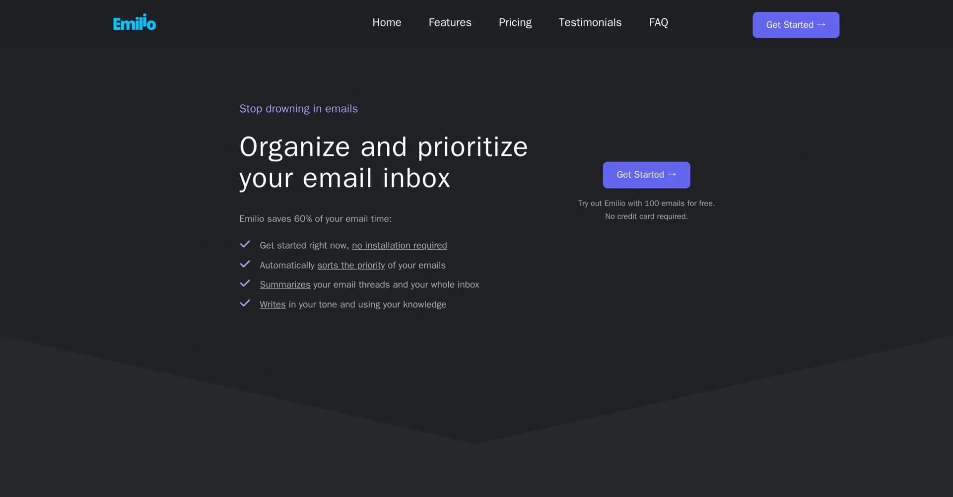 Emilio homepage screenshot — AI assistant that organizes your inbox and saves time.