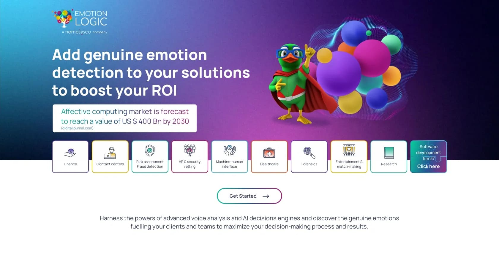 Emlo homepage screenshot — Add genuine emotion detection to boost your ROI.