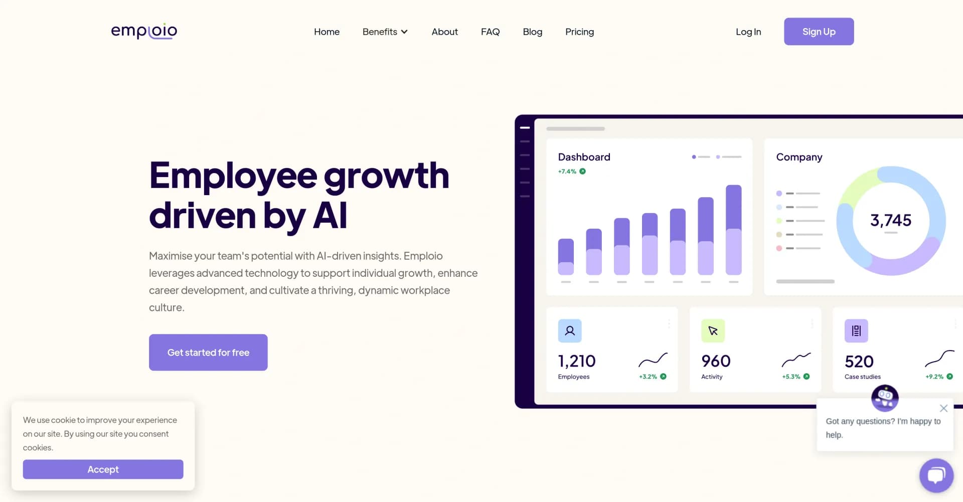 Emploio homepage screenshot — Maximize team potential with AI-driven insights.