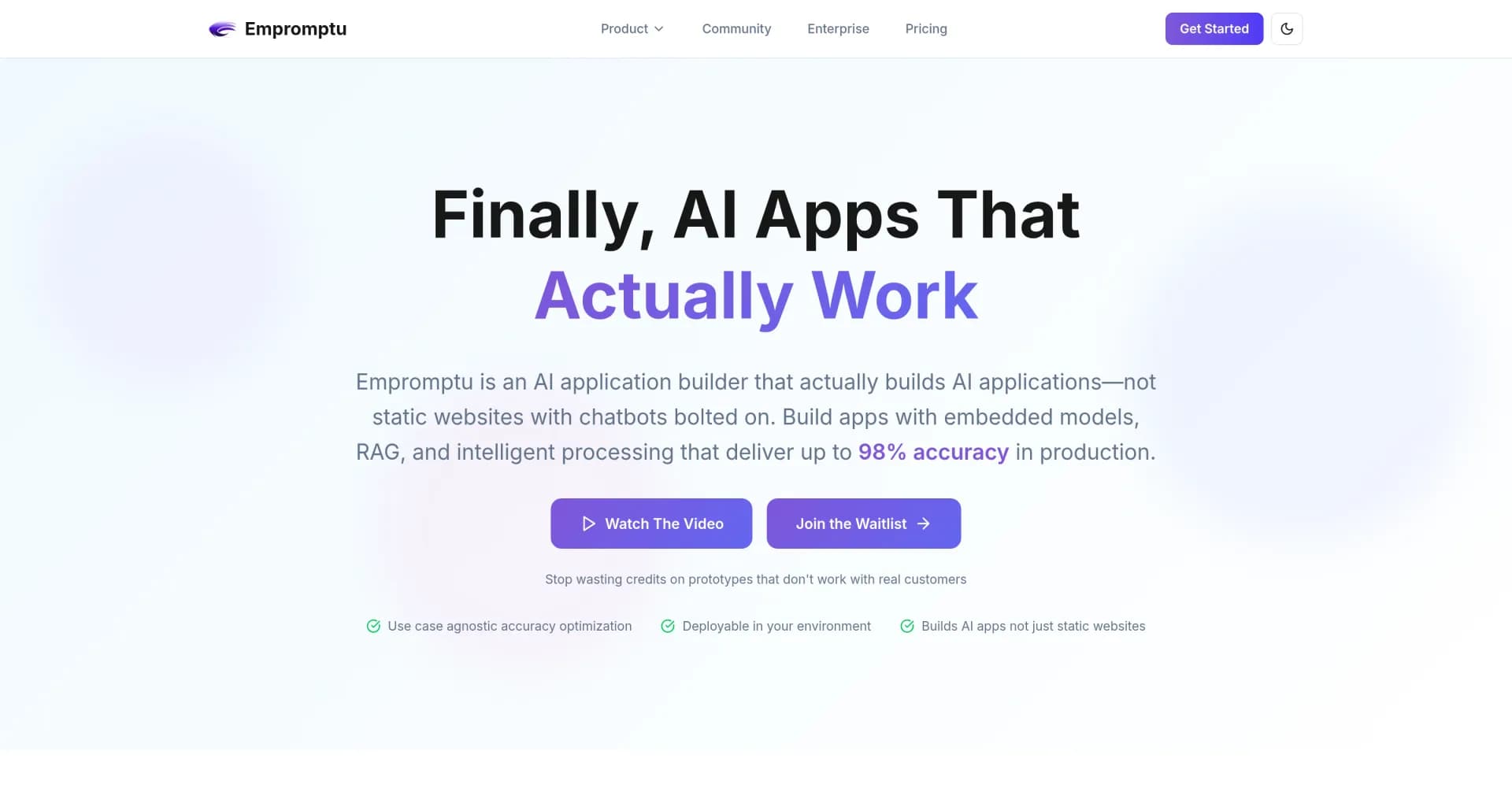 Empromptu homepage screenshot — Describe your idea to build AI apps that actually work.