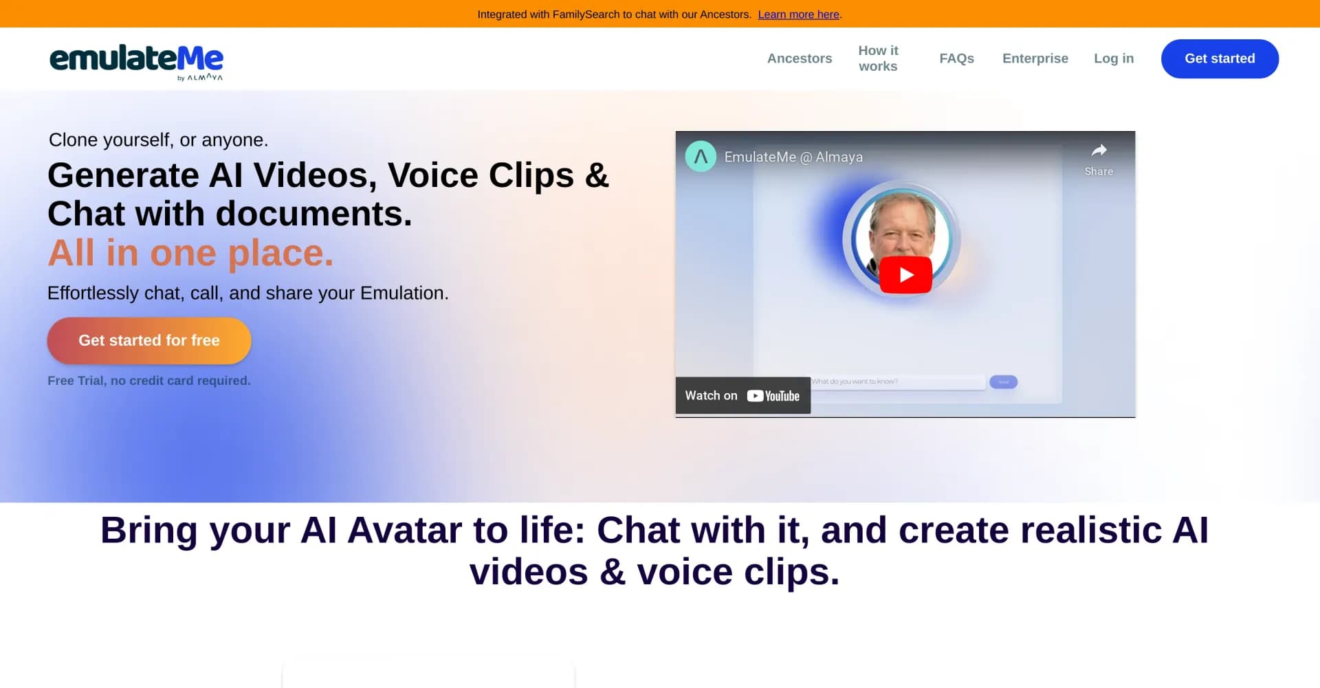 EmulateMe homepage screenshot — Create a smart avatar that speaks and replies like you.