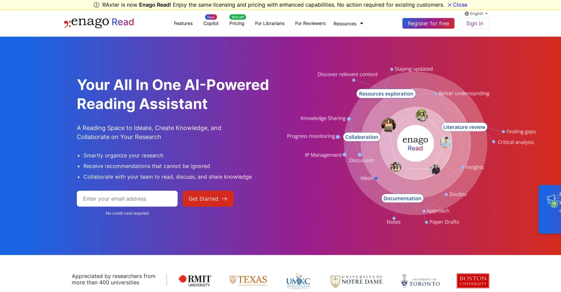 Enago Read homepage screenshot — AI-powered literature review tool for researchers