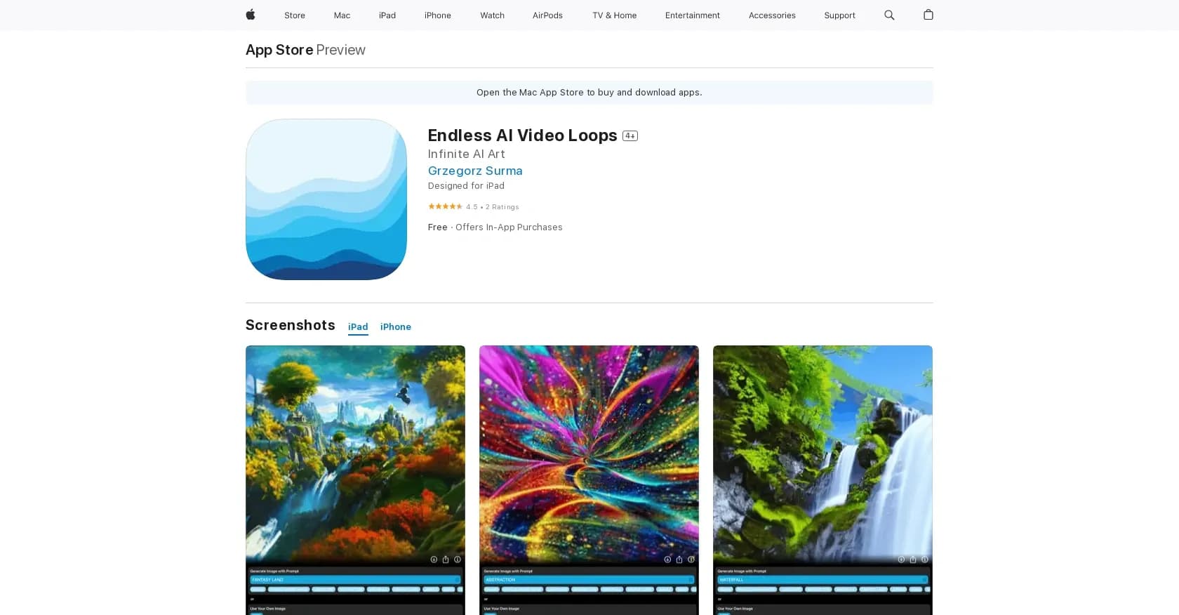 Endless AI Video Loops homepage screenshot — iOS app generates infinite video loops.