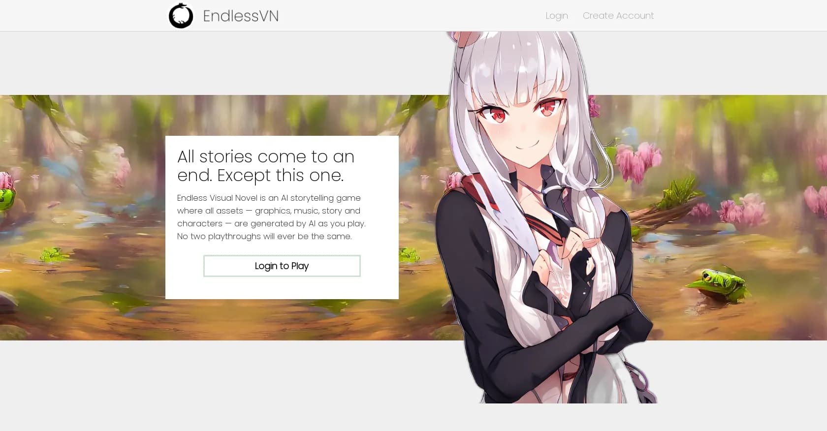 Endless Visual Novel homepage screenshot — Create infinite AI-generated visual novels.