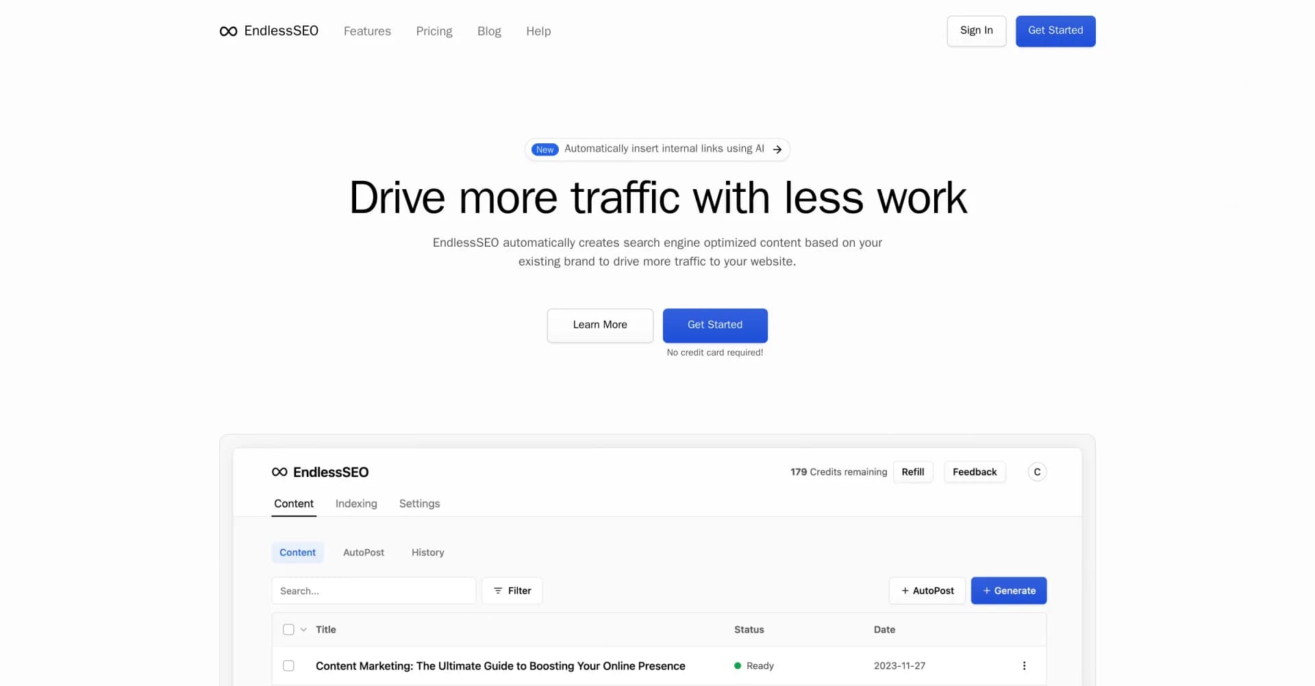 EndlessSEO homepage screenshot — Drive more traffic with AI-powered SEO automation.