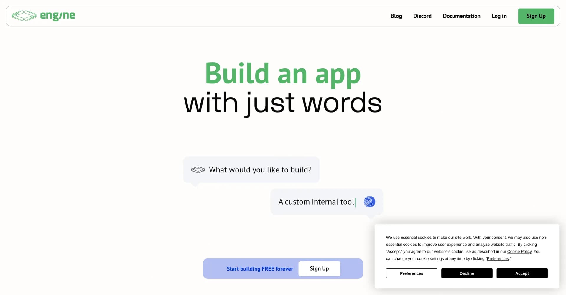 EngineLab homepage screenshot — Turn conversation into deployed software.