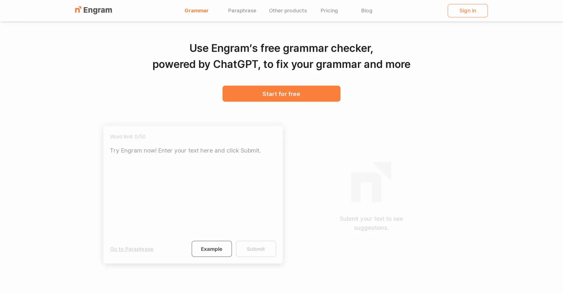 Engram homepage screenshot — Fix grammar and more with ChatGPT-powered AI