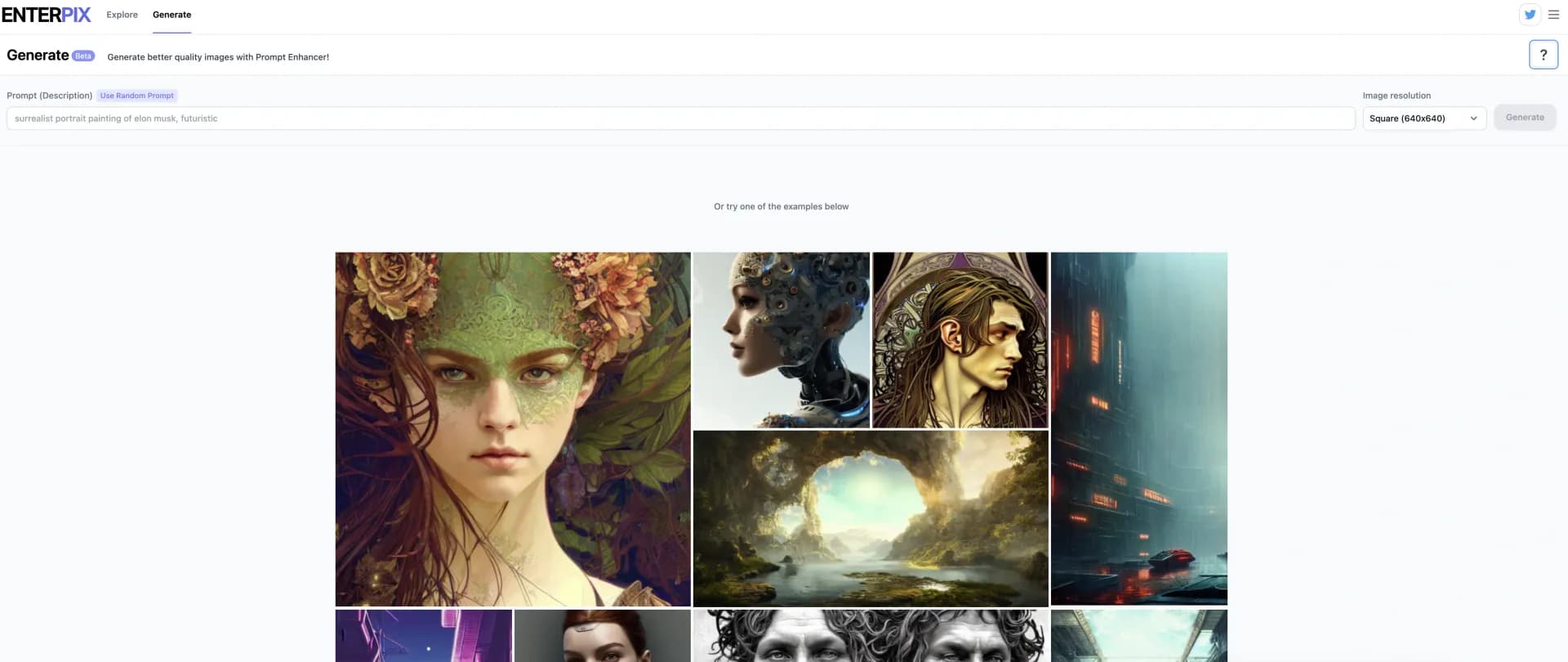 Enterpix homepage screenshot — Explore and generate AI-powered art