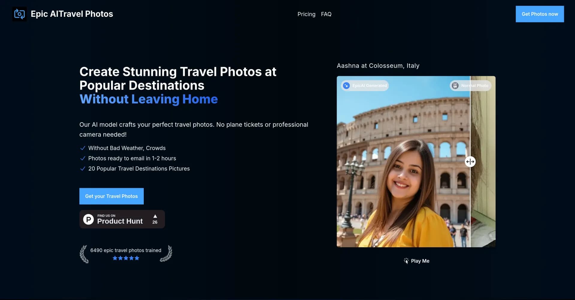 Epic AI Travel Photos homepage screenshot — Create stunning AI travel photos without leaving home.