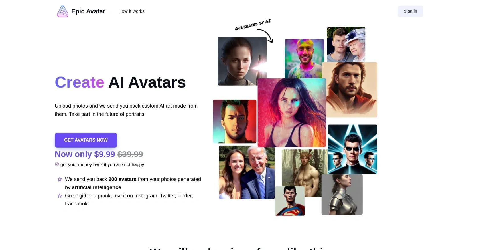 EpicAvatar homepage screenshot — Create custom AI avatars from your photos.