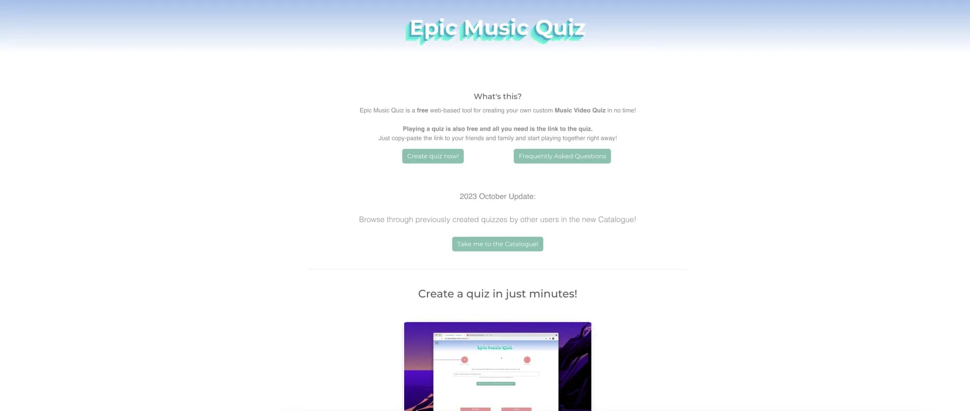 EpicMusicQuiz homepage screenshot — Create music video quizzes in clicks.