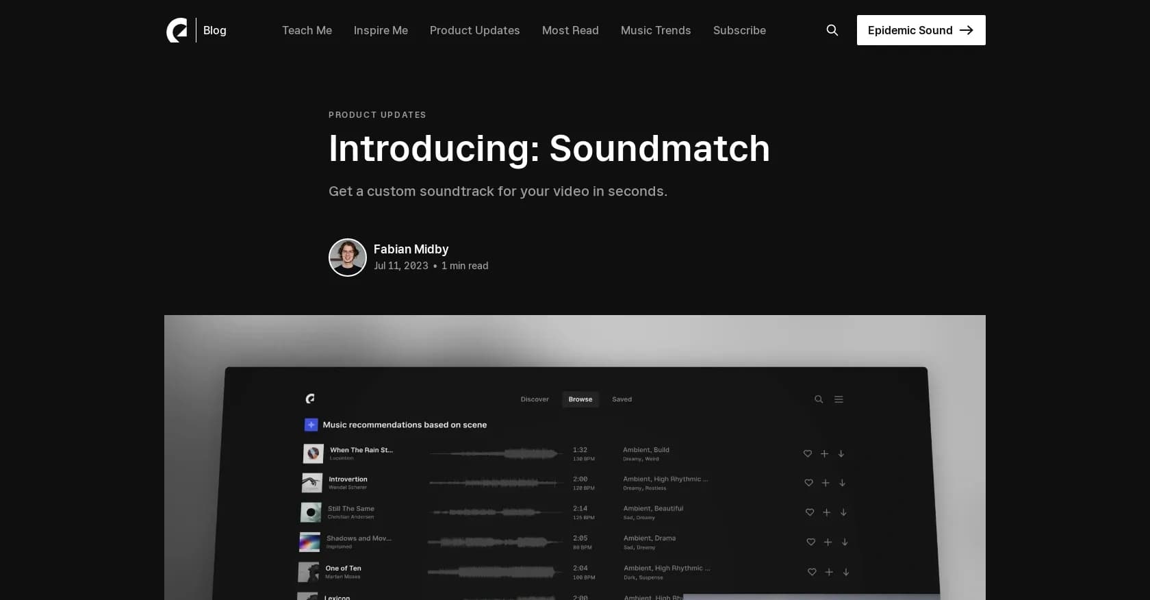 Epidemic Sound homepage screenshot — Get a custom soundtrack for your video in seconds.