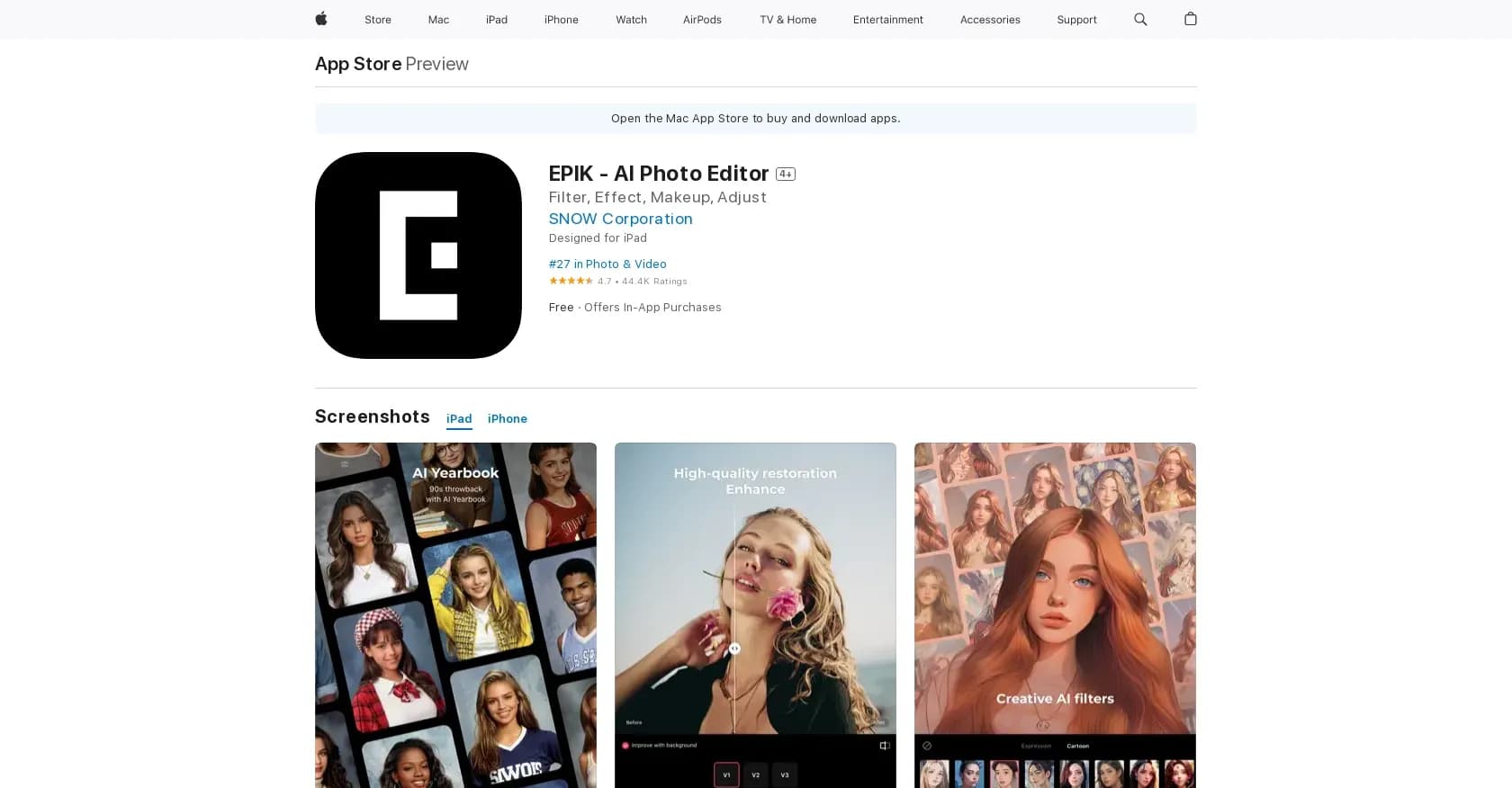 Epik homepage screenshot — Enhanced photo editing with advanced algorithms.