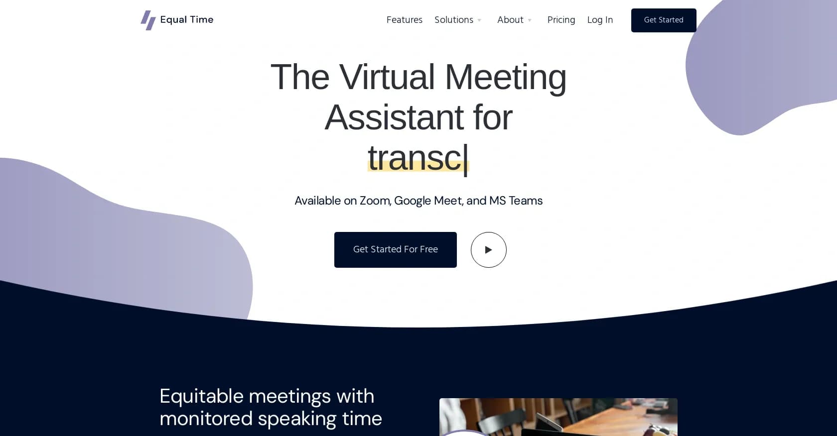 Equal Time homepage screenshot — Ensure inclusive meetings with AI-powered transcripts and in