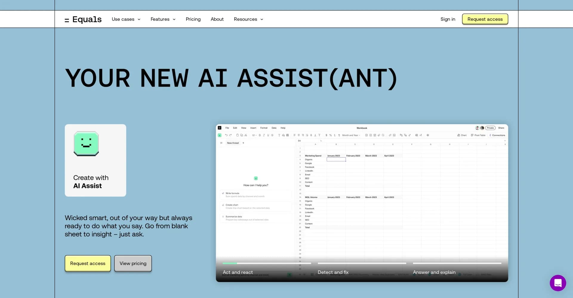 Equals homepage screenshot — AI-powered spreadsheet assistant for queries, formulas, and 