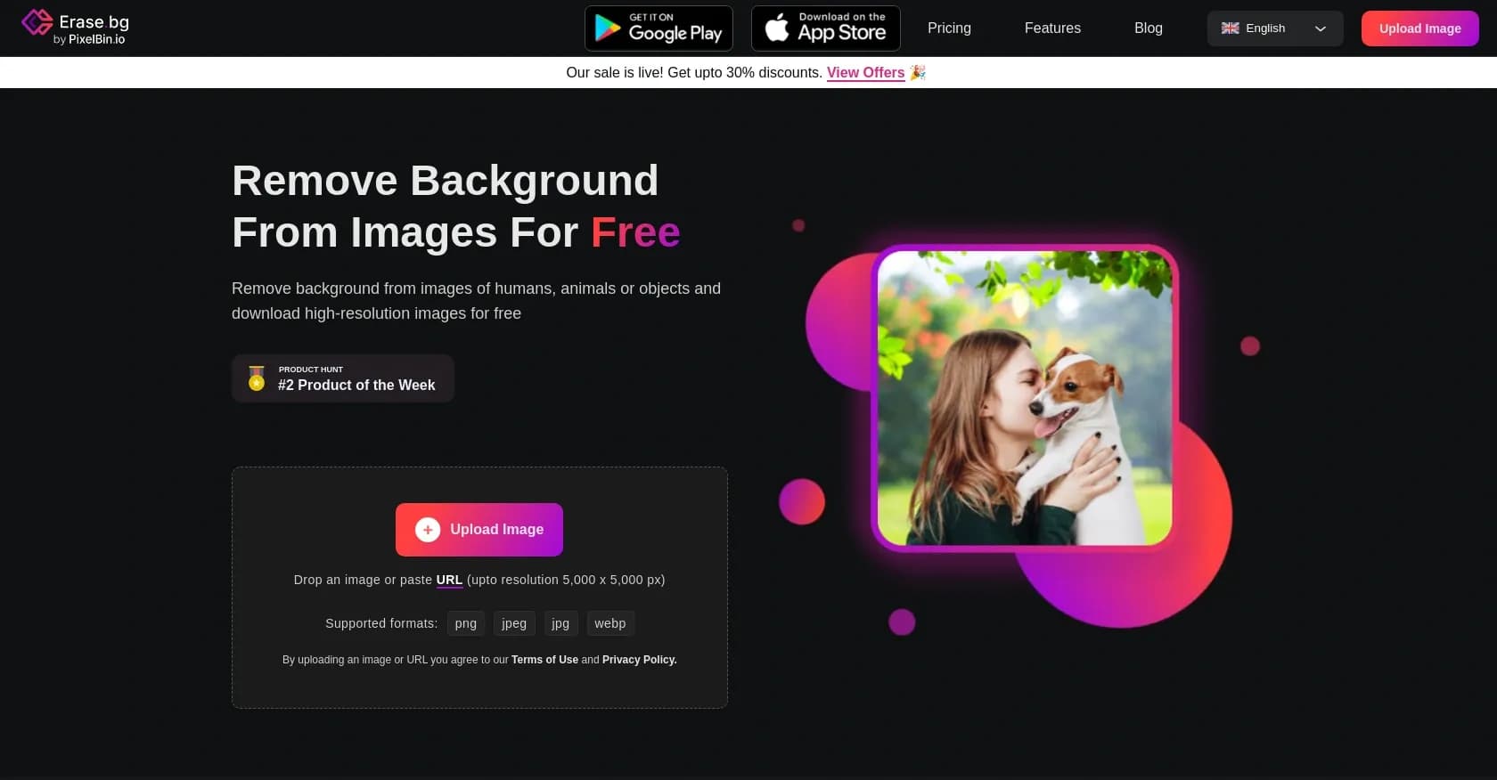 Erase.bg homepage screenshot — Remove background from images for free