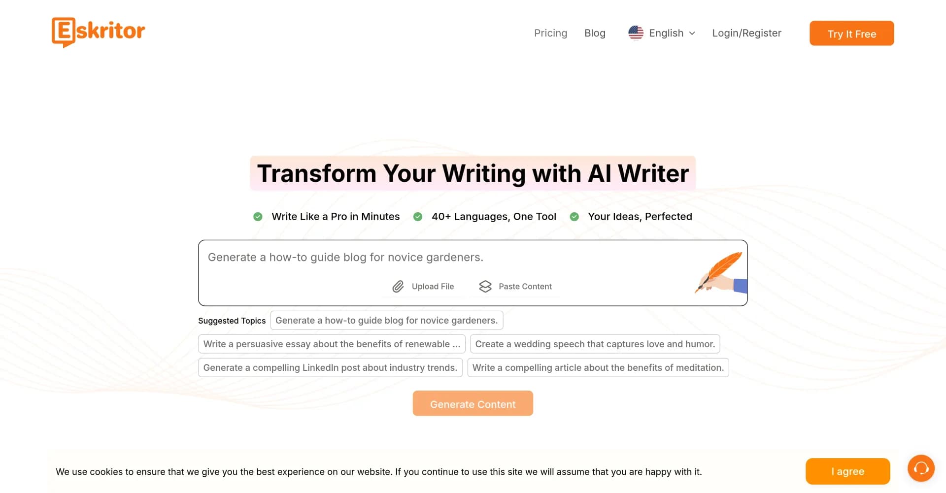 Eskritor AI Writer homepage screenshot — Write 5x faster with AI-powered content tools.
