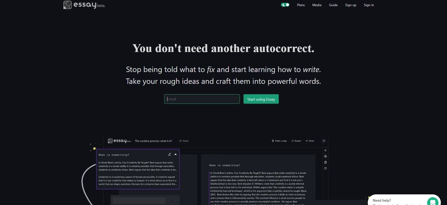 Essay.app homepage screenshot — Turn rough ideas into powerful words.