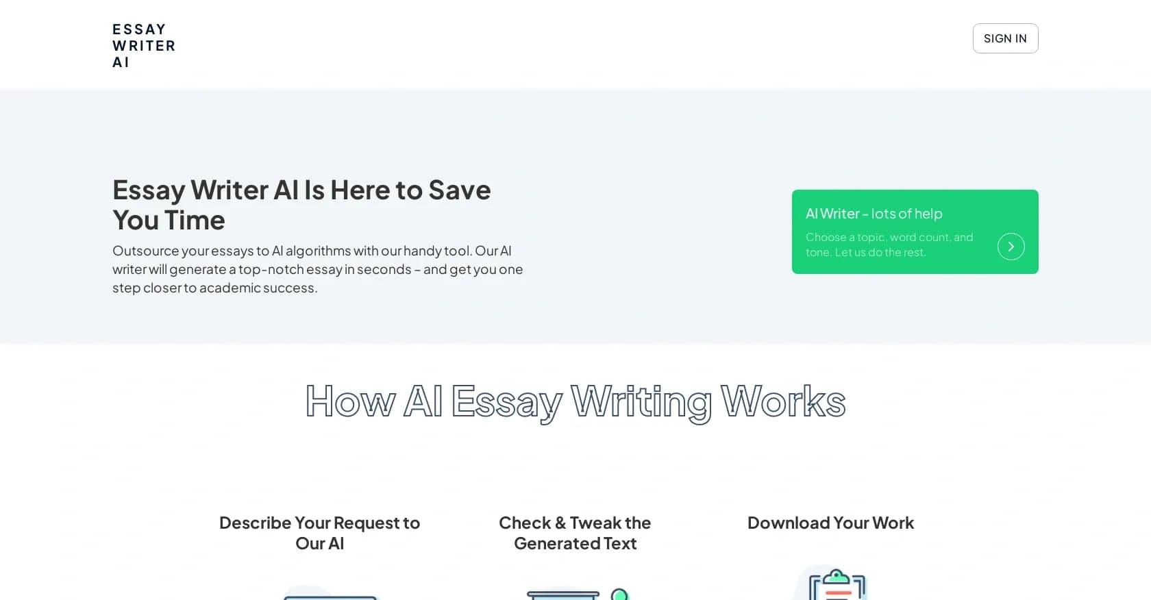 Essay Writer AI homepage screenshot — AI essay generator: Top-notch essays at the click of a butto