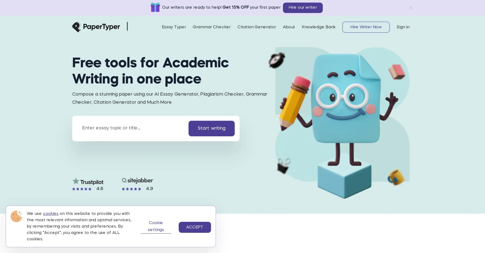 Essay Writer by Papertyper homepage screenshot — Free AI tools to streamline your academic writing.