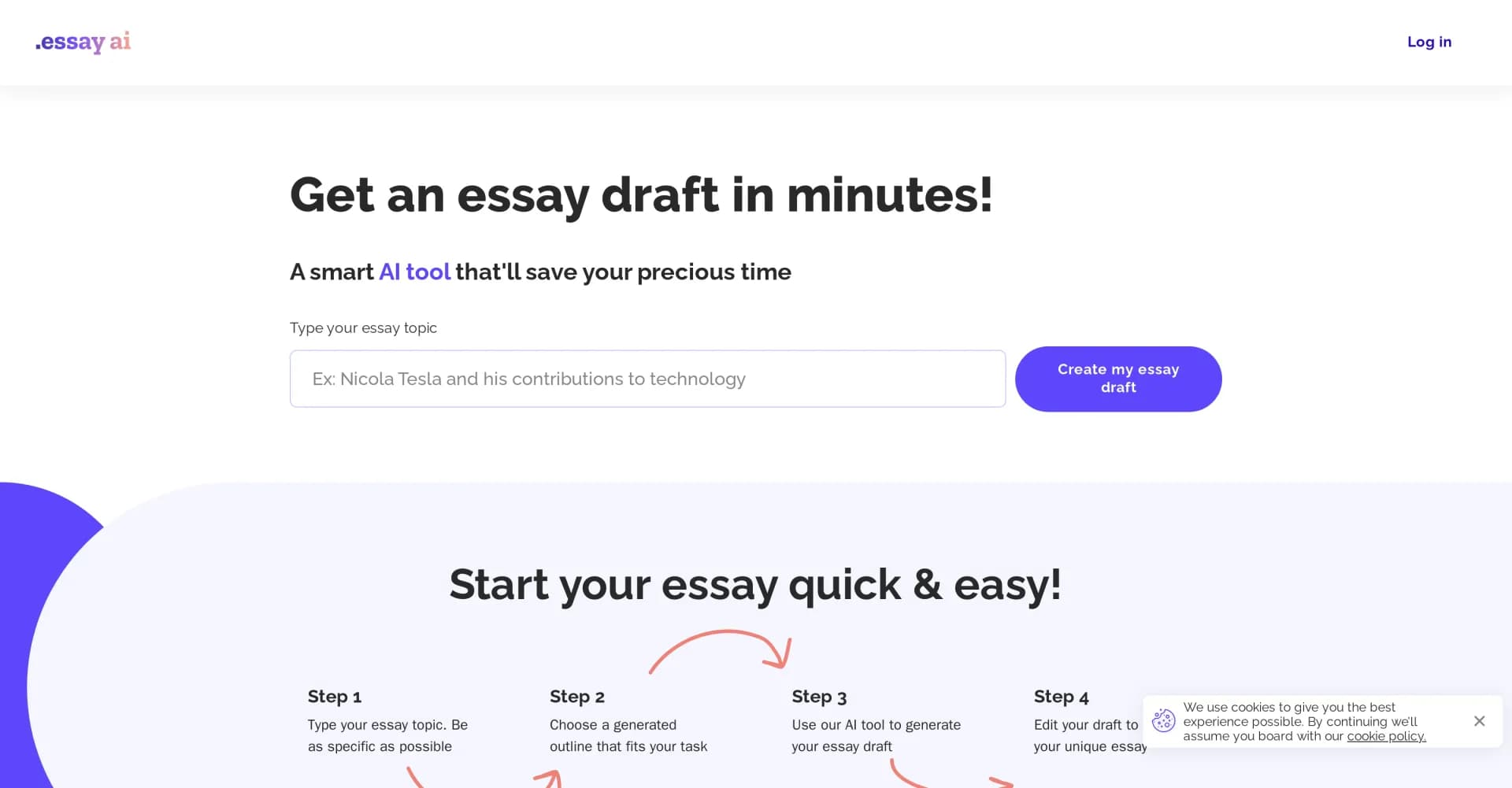 EssayAI homepage screenshot — Get an essay draft in minutes!