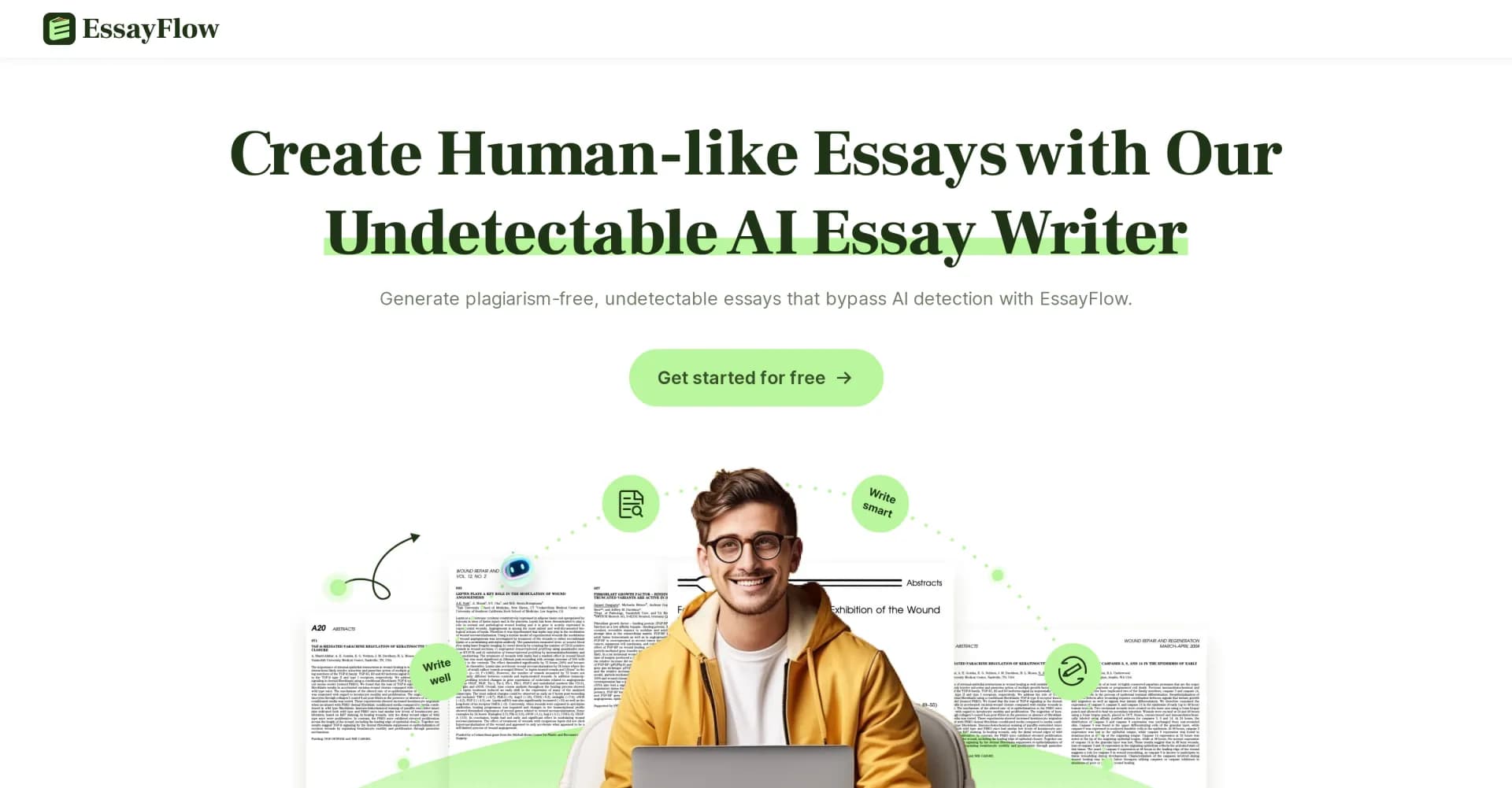 EssayFlow homepage screenshot — Create undetectable AI-generated essays that bypass detector