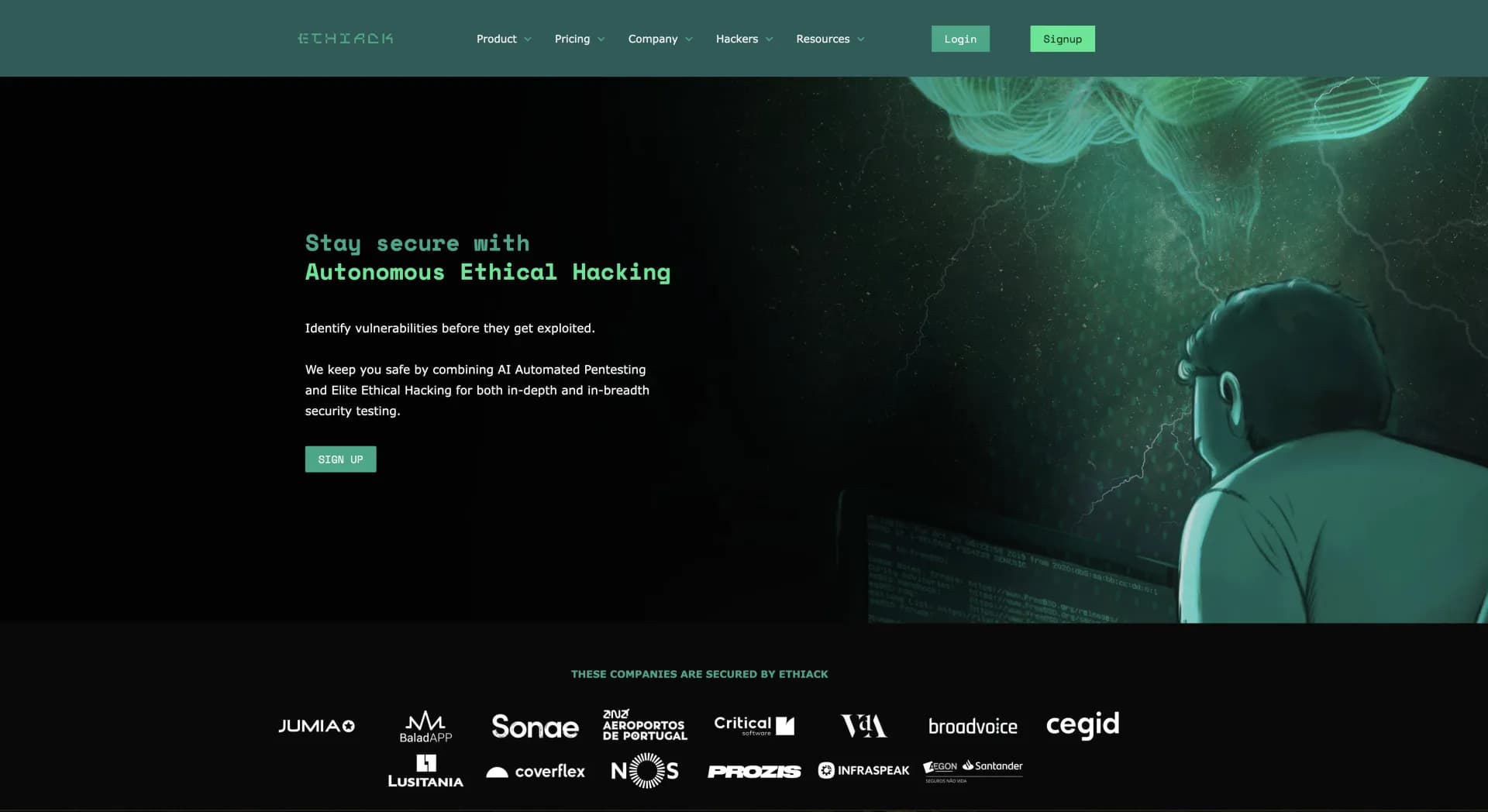 Ethiack homepage screenshot — Autonomous ethical hacking to identify vulnerabilities first