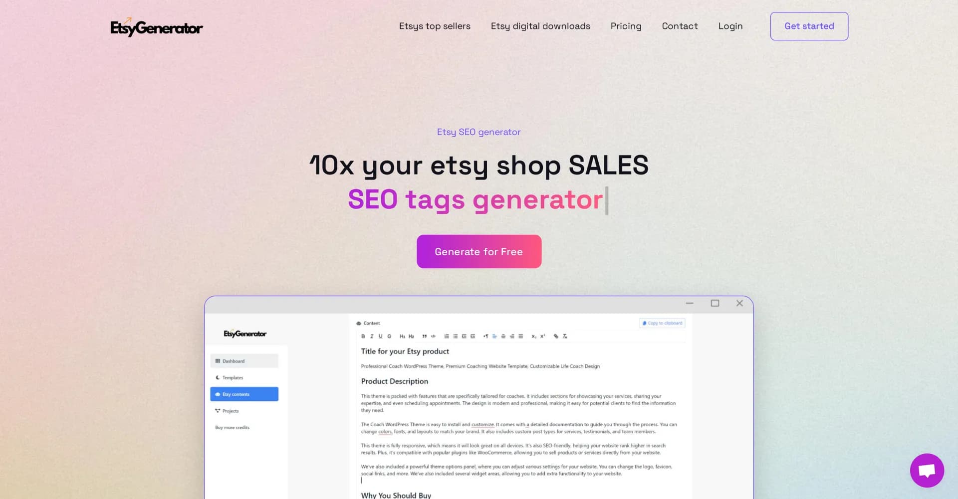 EtsyGenerator homepage screenshot — 10X your Etsy shop sales with AI