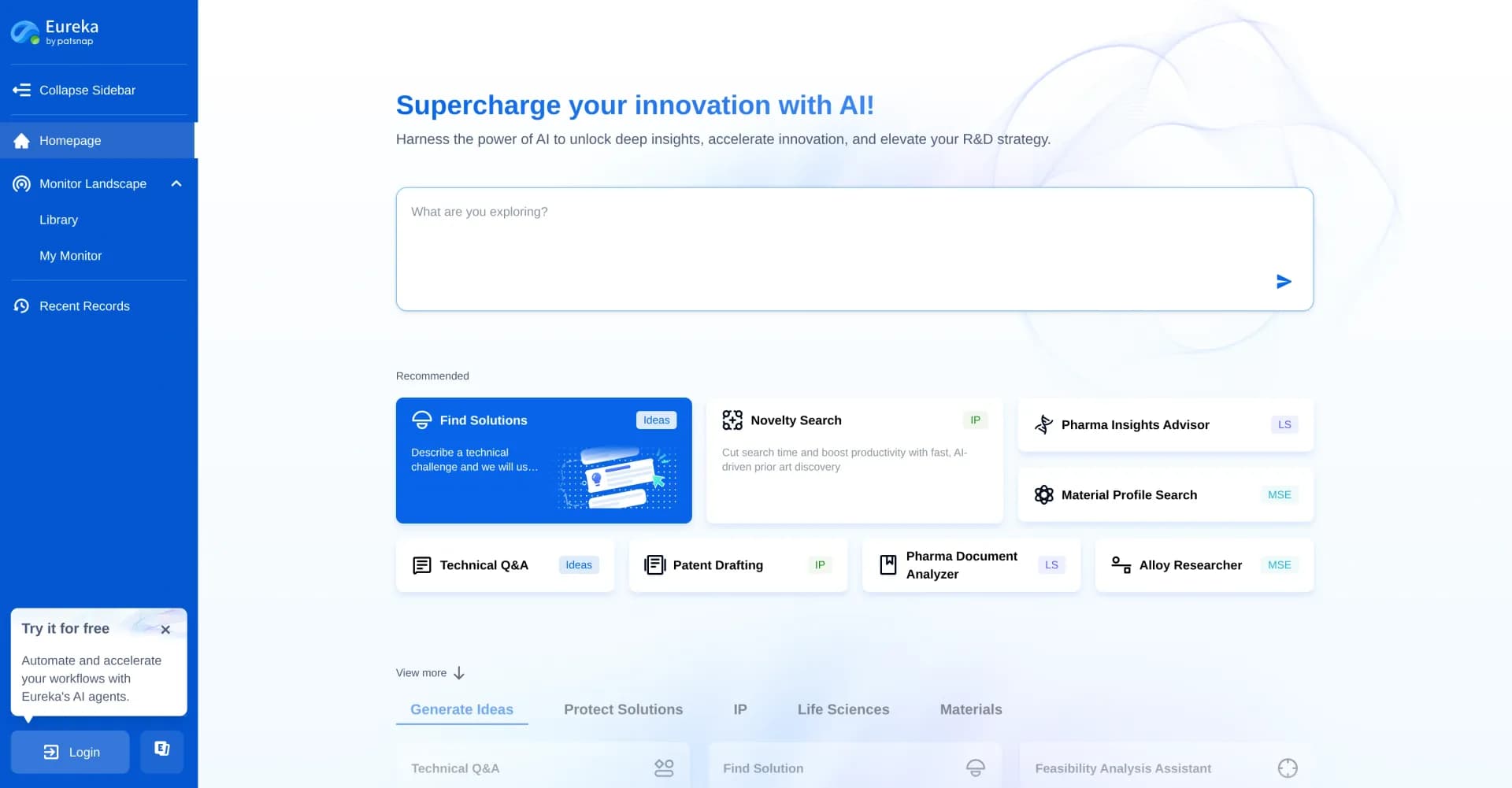 Patsnap Eureka homepage screenshot — Execute innovation workflows faster with domain-specific AI 