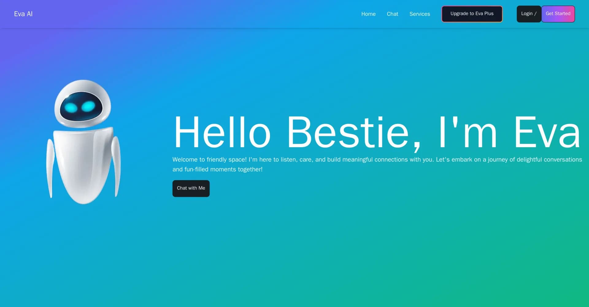 Eva AI homepage screenshot — Your AI companion for meaningful conversations.