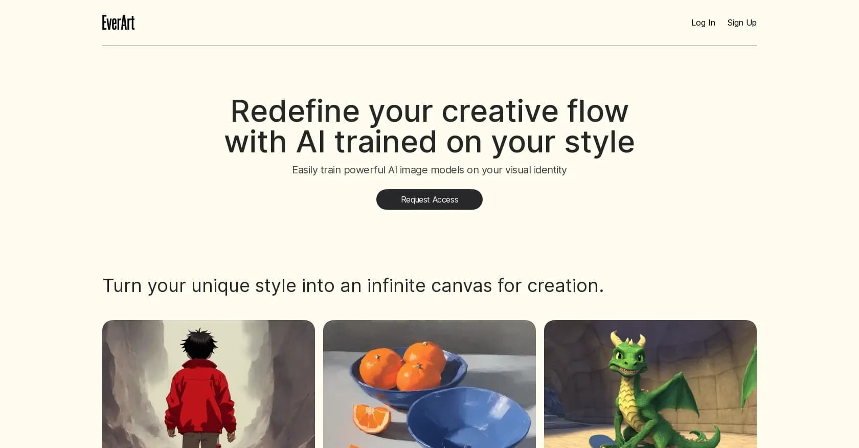 EverArt homepage screenshot — AI-powered creative flow, trained on your style