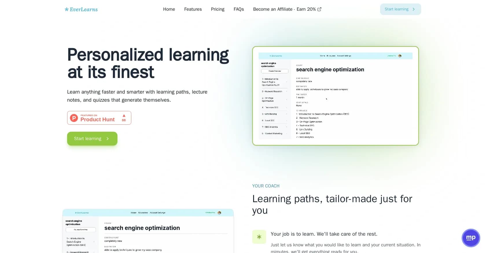 EverLearns homepage screenshot — Learn anything faster with AI-generated paths and quizzes