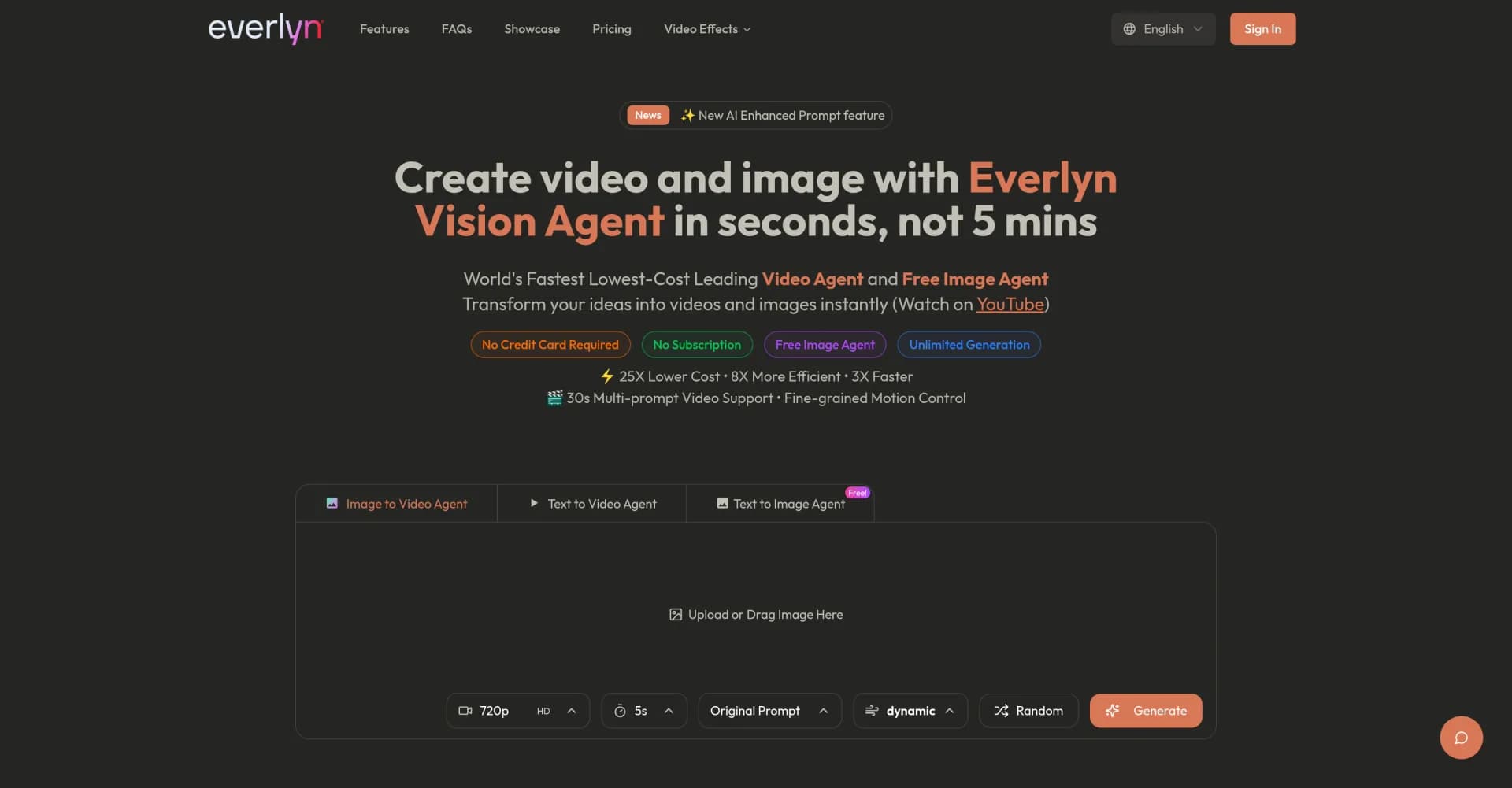 Everlyn: Fastest Video and Image Generation homepage screenshot — Fast, Intelligent Video Generation at Your Fingertips