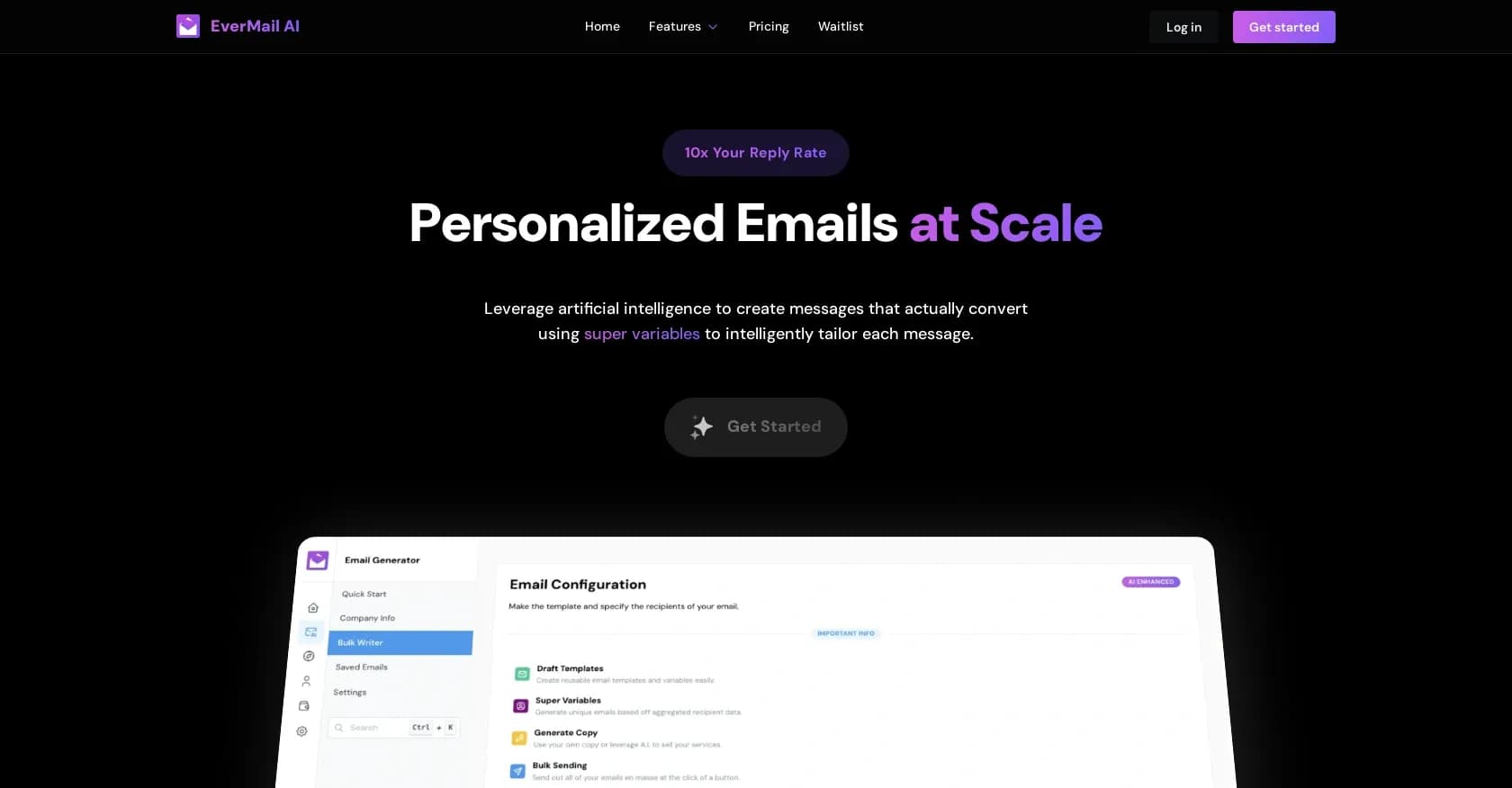 EverMail homepage screenshot — Craft personalized emails that convert using AI
