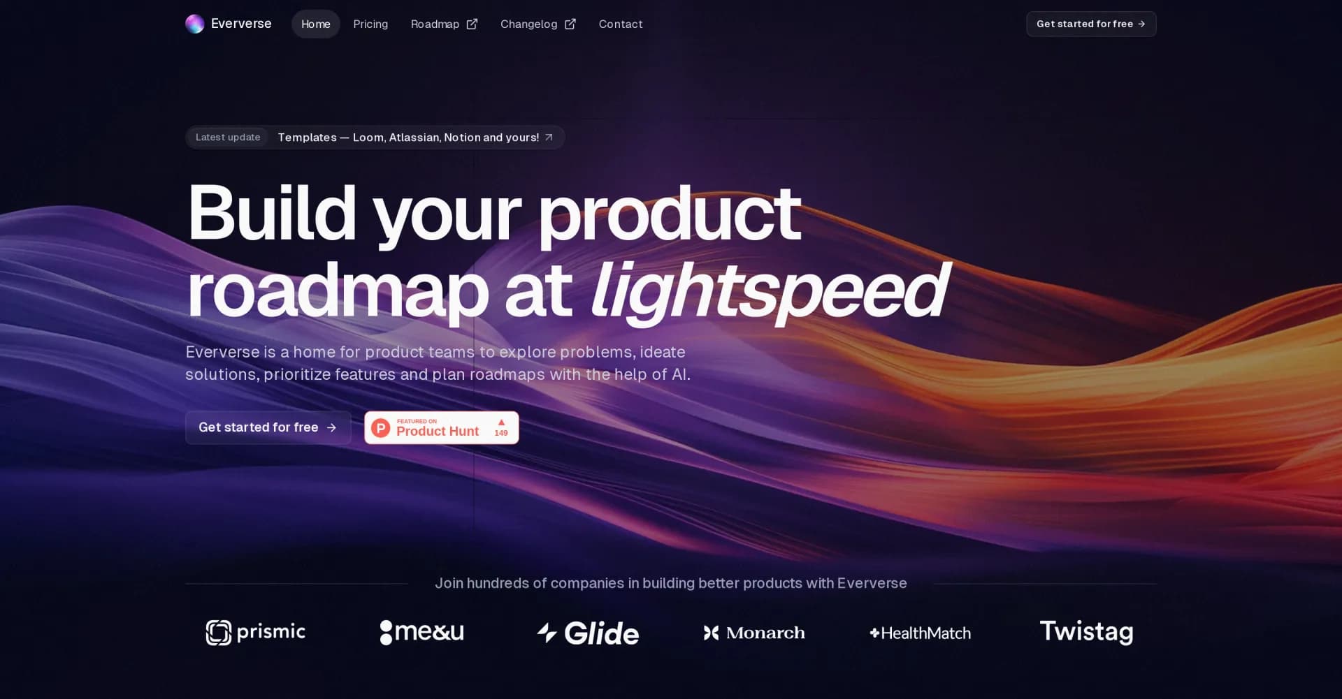 Eververse homepage screenshot — Build AI-powered product roadmaps at lightspeed.