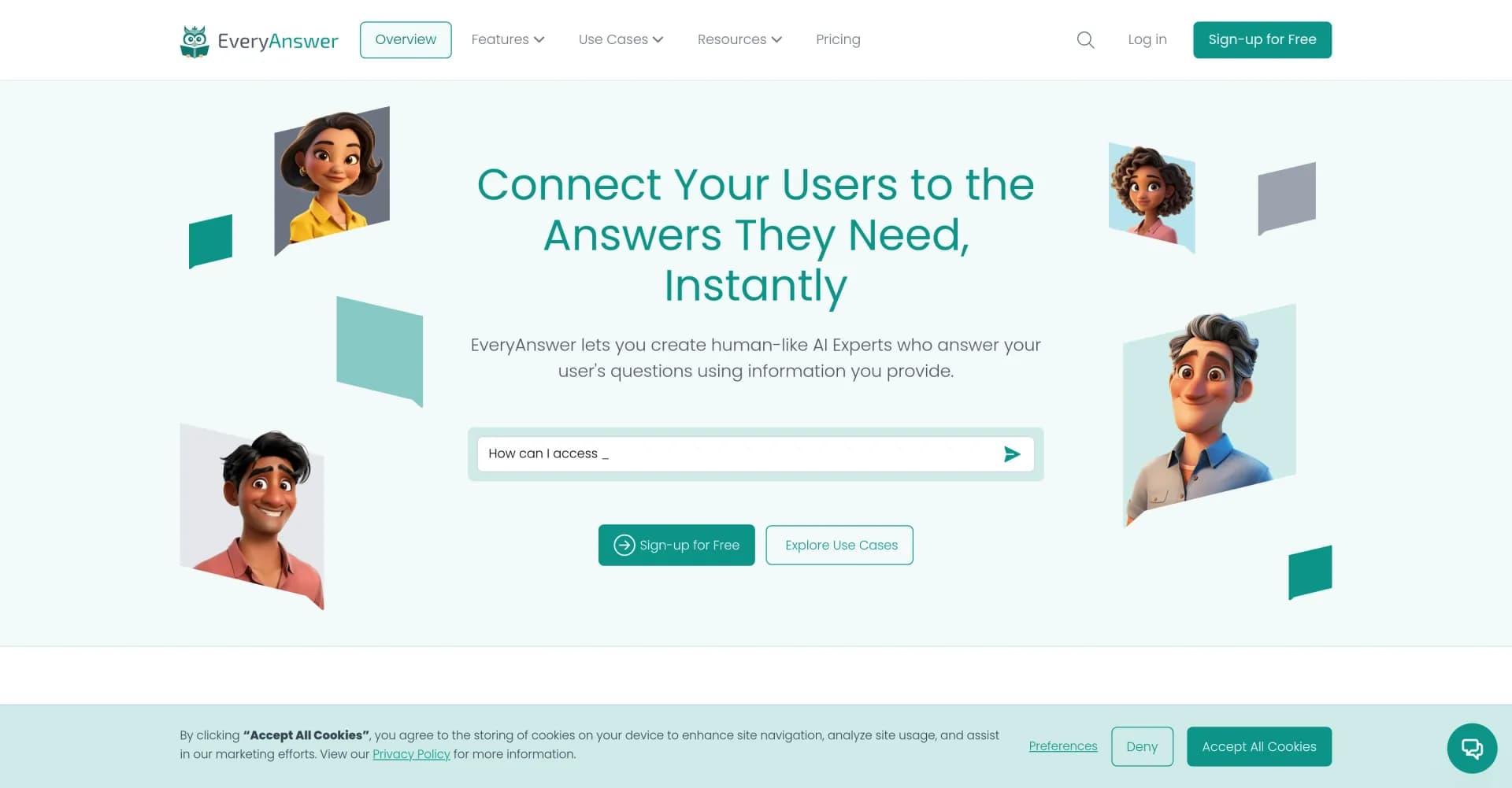 EveryAnswer homepage screenshot — Empower users with 24/7 AI Experts trained on your data