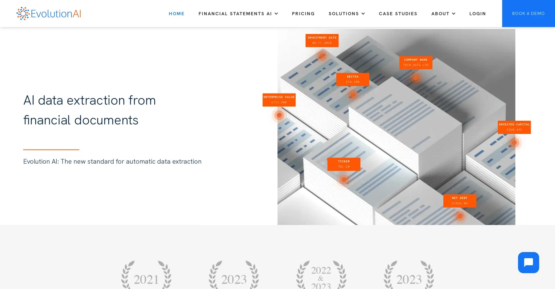 Evolution AI homepage screenshot — AI-powered data extraction from financial documents.