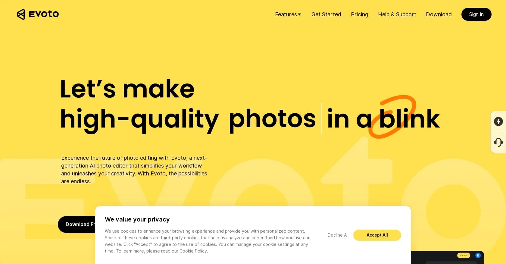 Evoto homepage screenshot — AI photo editor that simplifies your workflow and unleashes 