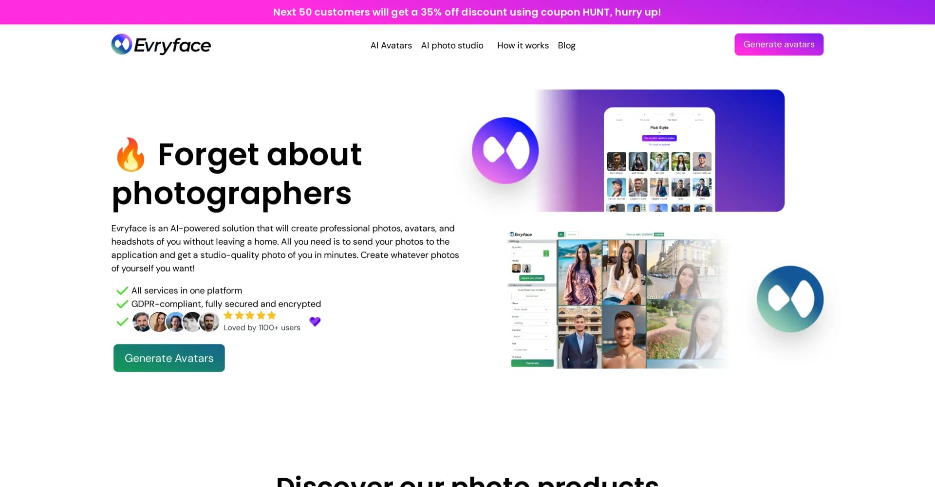 Evryface homepage screenshot — Generate unique faces with AI