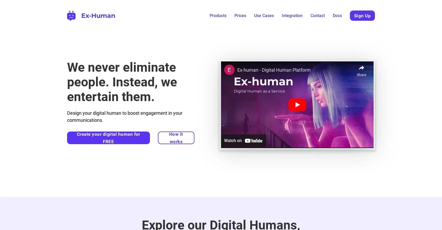 Ex-Human homepage screenshot — Design digital humans to boost engagement.