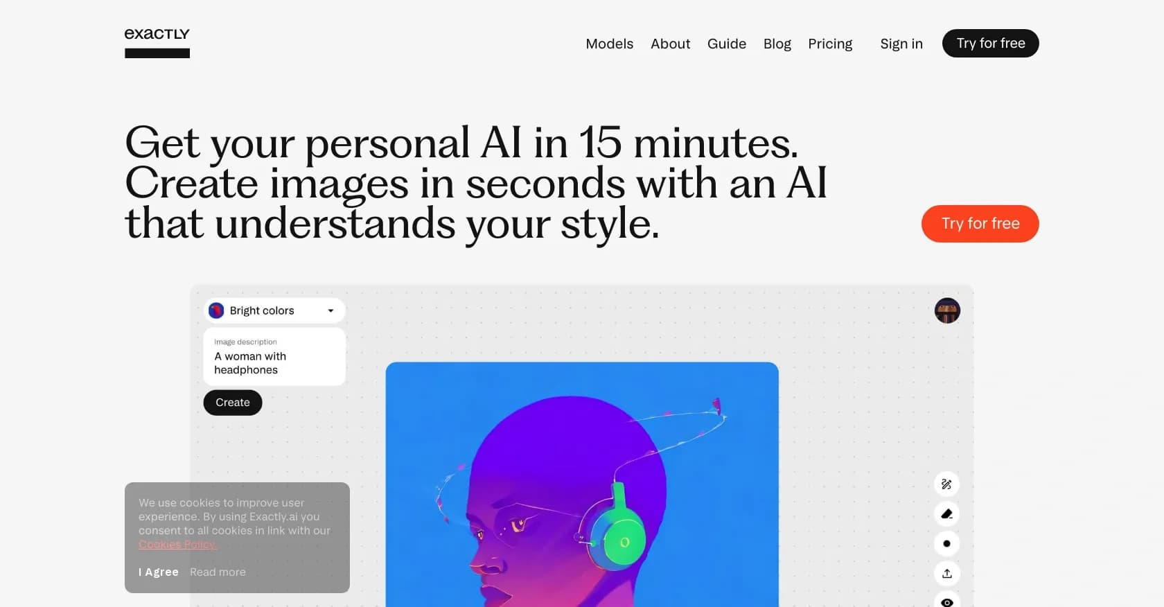 Exactly.AI homepage screenshot — AI artwork creation that understands your style.